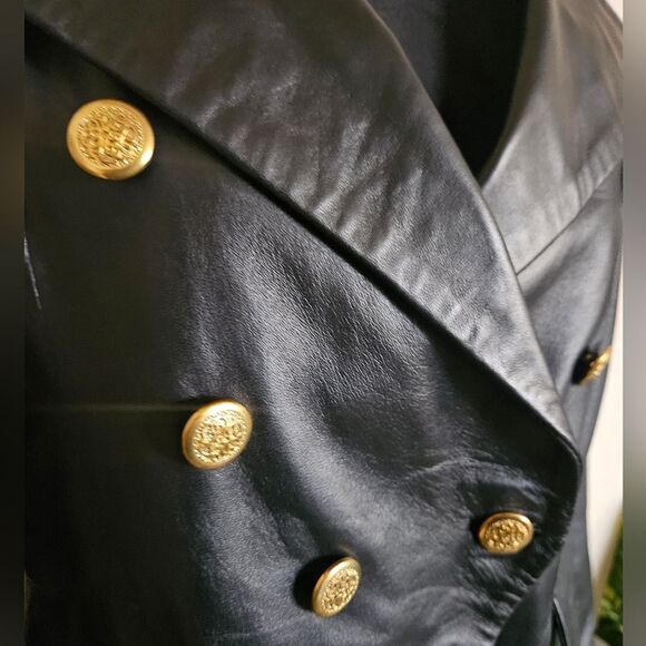 Vintage Real Leather Black Double Breasted Gold Button-up Leather Jacke… - Picture 6 of 8